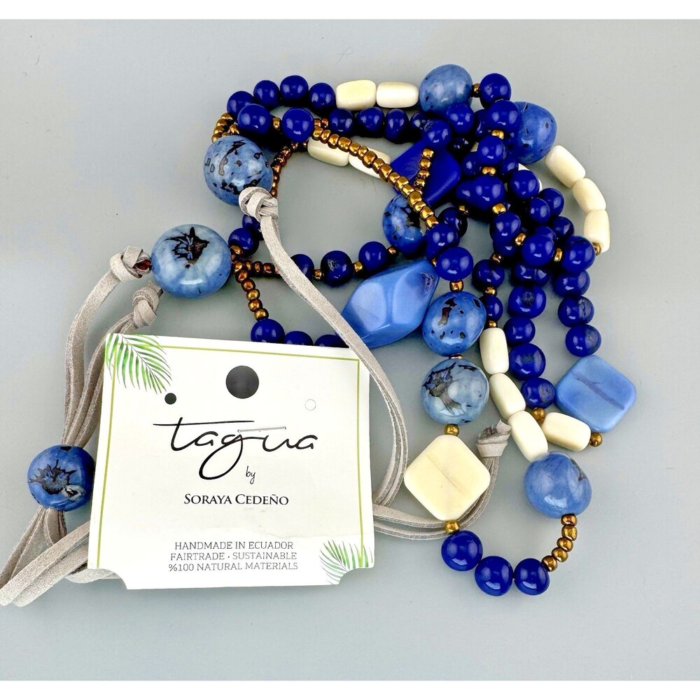 Blue Multi Strand Statement Necklace Natural Beaded Boho Artisan Soraya Cedeño